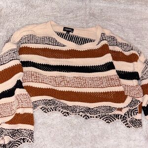 Elegant Cream, Black and Orange Striped Crewneck Sweater